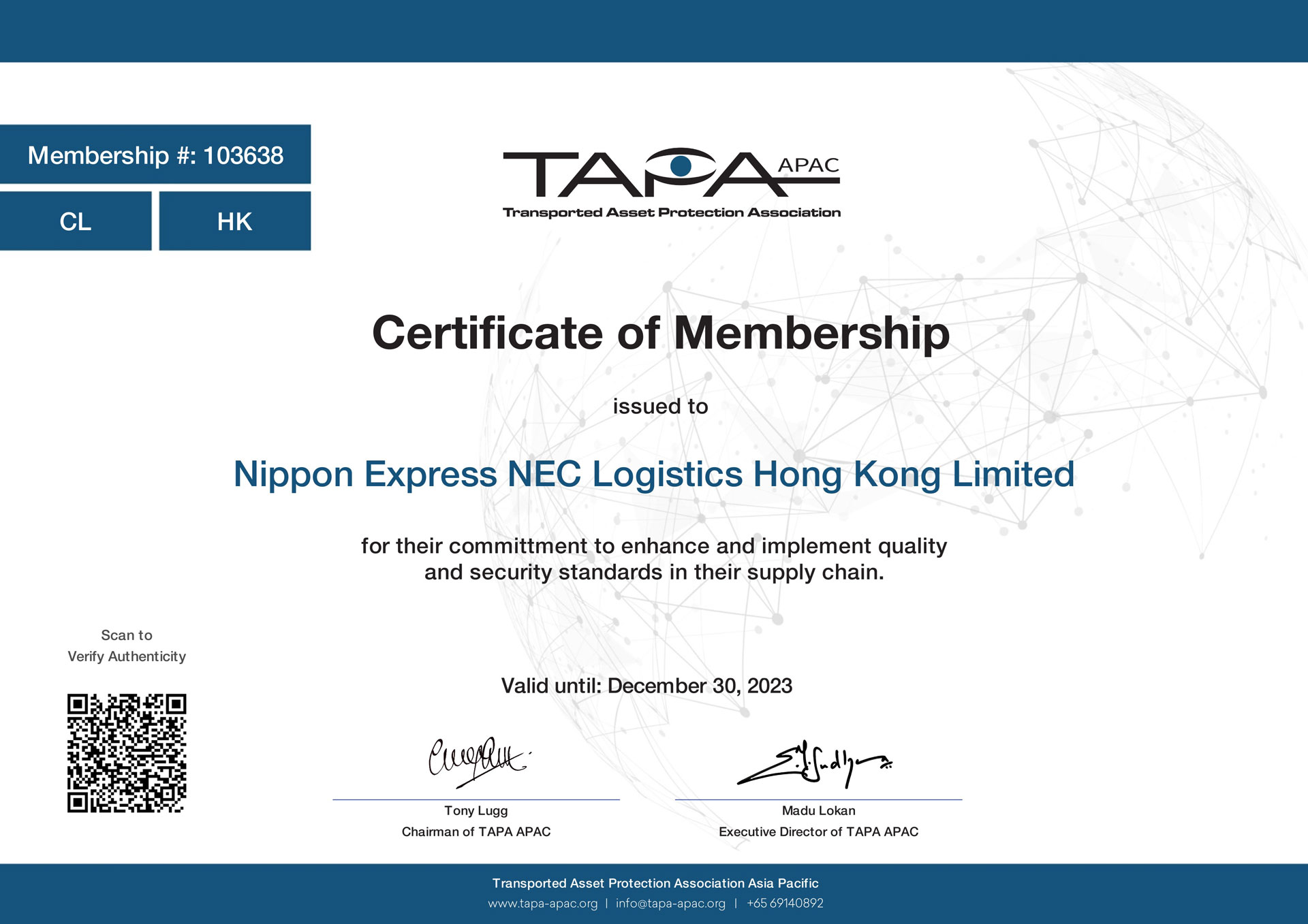 TAPA Membership certificate 2023